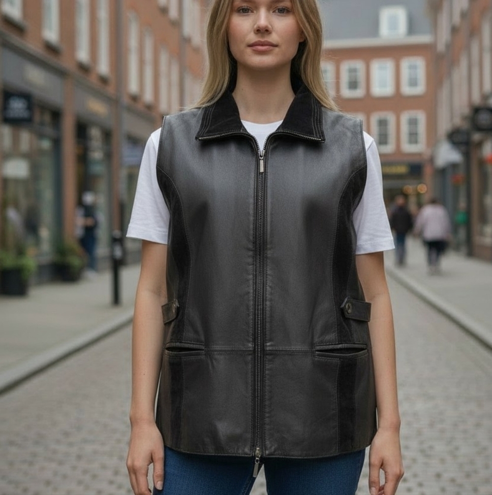 Vintage 90s Black Genuine Leather Long Vest Zip Front Minimalist Y2K